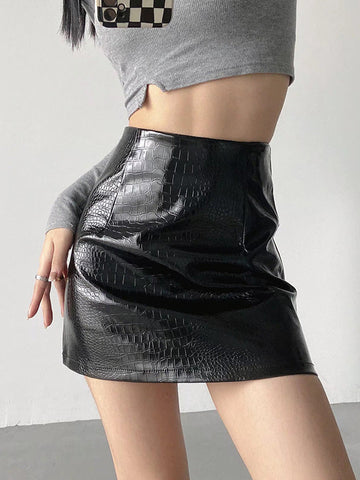 Shiny Solid Color Split-Joint A-Line Skinny Skirts