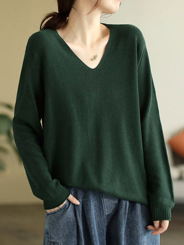 Solid Color Long Sleeves Loose V-Neck Sweater Tops