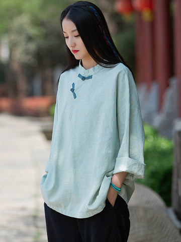 Vintage Linen Frog Loose Long Sleeve Shirt Tops