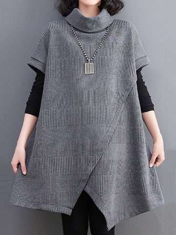 Asymmetric Solid Color Split-front Split-Joint Loose Raglan Sleeve High-neck Mini Dresses Knitwear