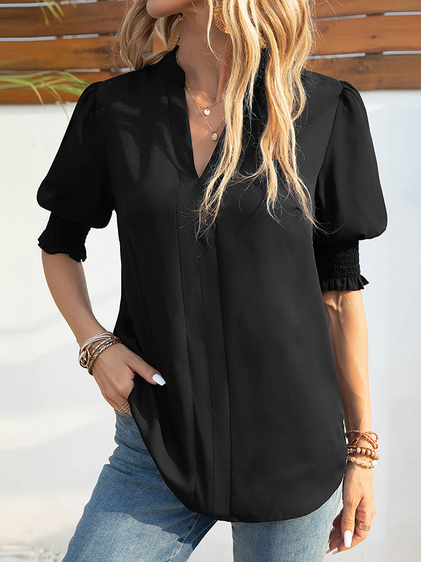 Solid Color Half Sleeves Loose V-Neck T-Shirts Tops