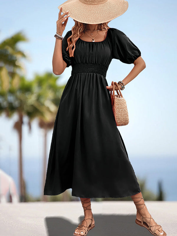 Elasticity Pleated Solid Color Split-Joint A-Line Bishop Sleeve Off-The-Shoulder Midi Dresses