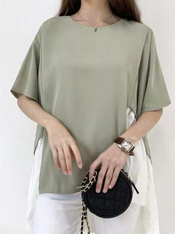 Pleated Split-Joint High-Low Loose Round-Neck T-Shirts Tops