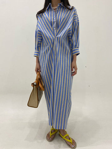 Buttoned Contrast Color Pockets Striped Long Sleeves Loose Lapel Shirt Dress Midi Dresses