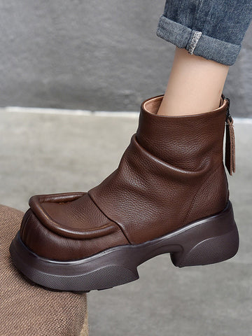 Round-Toe Solid Color Zipper Platform Boots