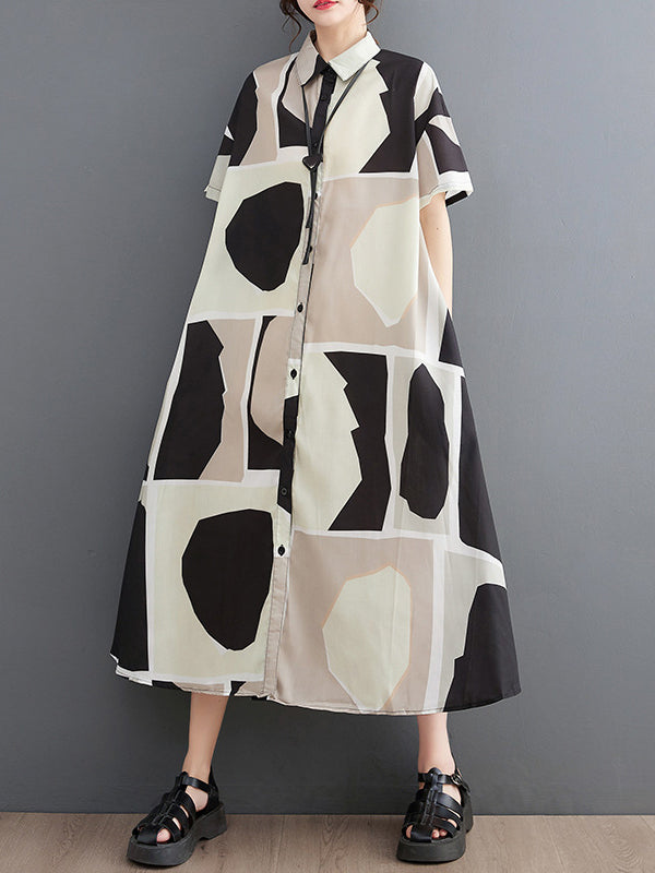 Color-Block Printed Loose Oversize Lapel Shirt Dress Midi Dresses