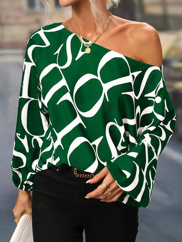 Asymmetric Letter Print Long Sleeves Loose One-Shoulder Blouses&Shirts Tops