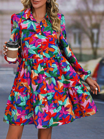 Floral Printed Pleated Printed Split-Joint Loose Puff Sleeves Lapel Mini Dresses