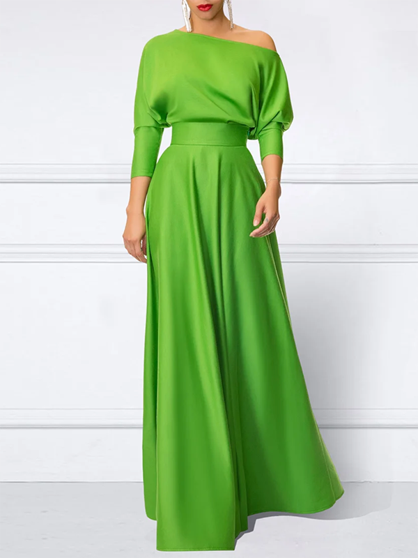 Loose Three-Quarter Sleeves Solid Color Off-The-Shoulder Maxi Dresses