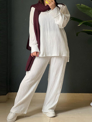 Lapel Pleated Solid Color High-Low Long Sleeves Split-Side Shirts Top + Pants Bottom Two Pieces Set