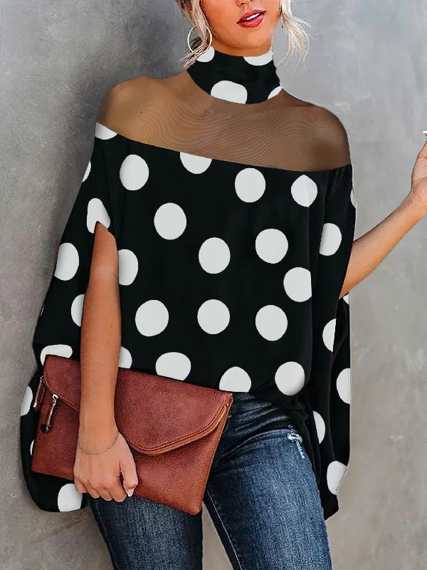 Trendy Batwing Sleeves Polka-Dot See-Through High-Neck Blouses&Shirts Tops