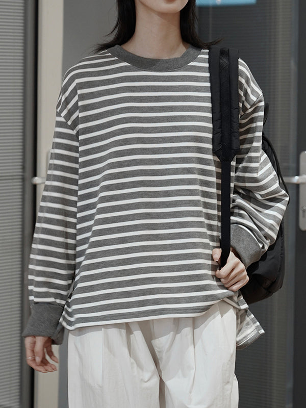 Contrast Color Split-Joint Split-side Striped Long Sleeves Loose Round-neck Sweatshirt Tops