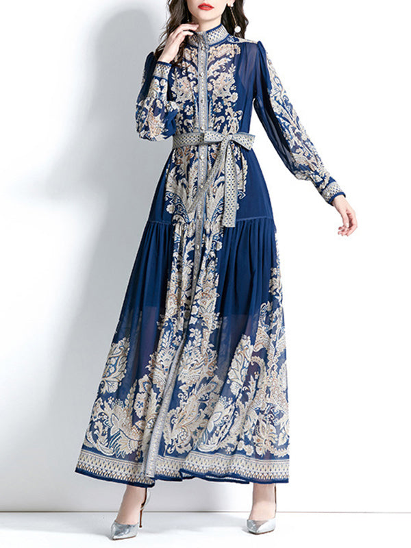 Printed See-Through Tied Waist A-line Puff Sleeves Stand Collar Maxi Dresses