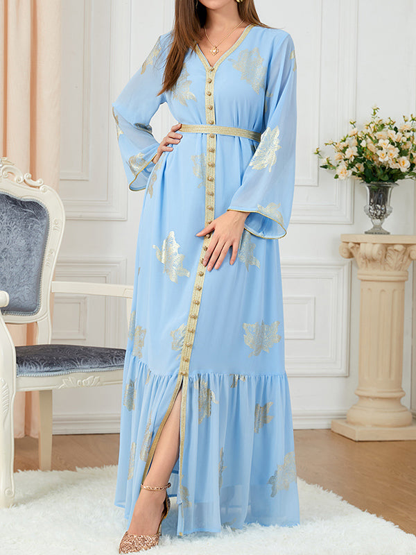 Pleated Printed Split-Front Split-Joint Tied Waist Long Sleeves Loose V-Neck Maxi Dresses