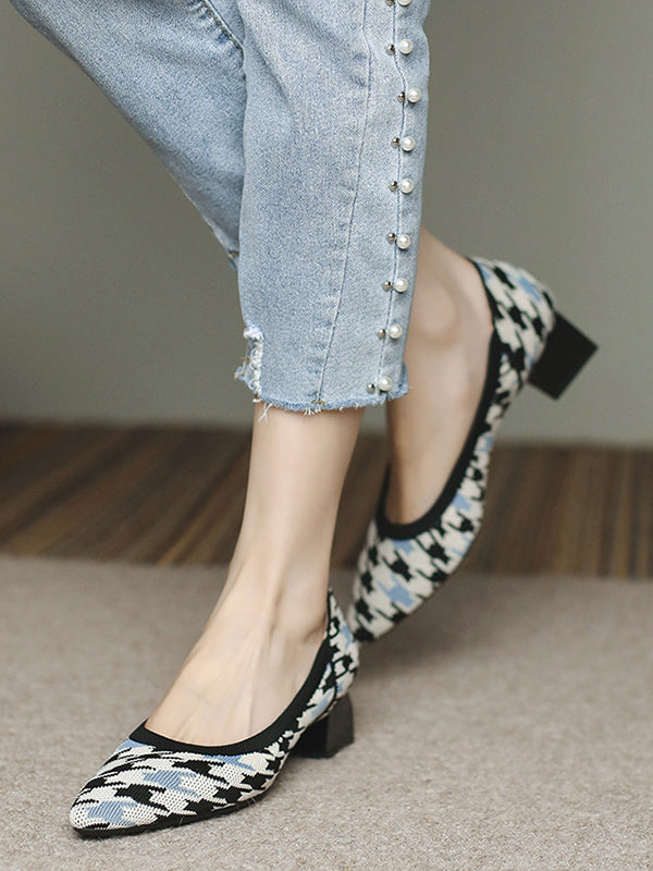 Contrast Color Houndstooth Pointed-Toe Round Cut Pumps Mid Heels