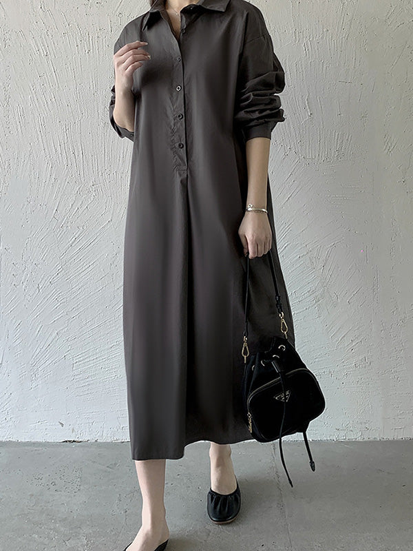 Urban Loose Solid Color Lapel Collar Shirt Midi Dresses