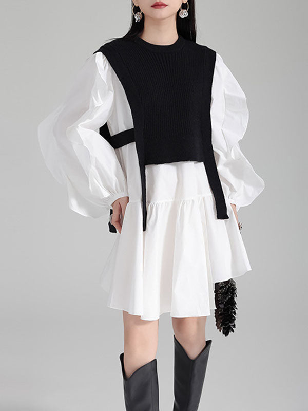 Ruffled Split-Joint Long Sleeves Loose Round-Neck Inner Mini Shirt Dress + Outer Vest Two Pieces Set