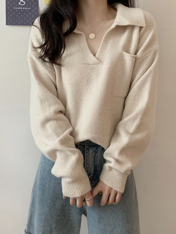 Casual Simple 6 Colors V-Neck Long Sleeves Sweater Top