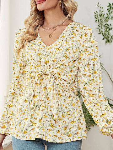 Flower Print Knot Long Sleeves Loose V-Neck Blouses&Shirts Tops