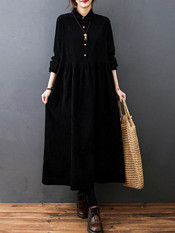 Vintage Split-Joint Solid Color Long Sleeves Lapel A-Line Corduroy Midi Dress