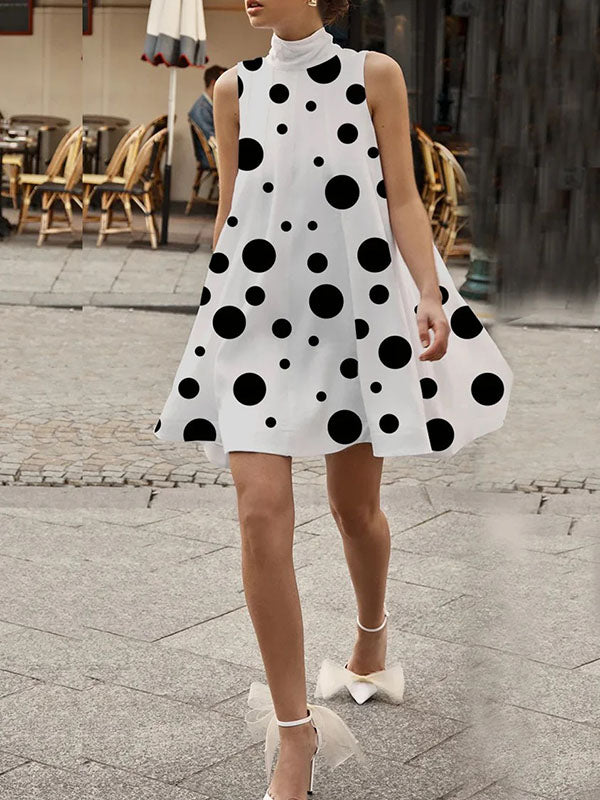 Sleeveless A-Line Polka Dot High-Neck Mini Dresses