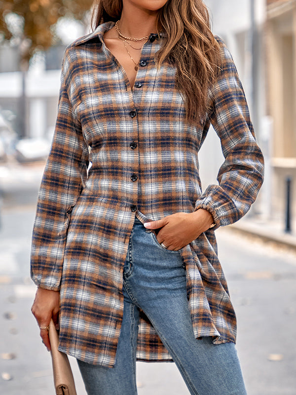 Plaid Loose Wrap Lapel Blouses&shirts Tops