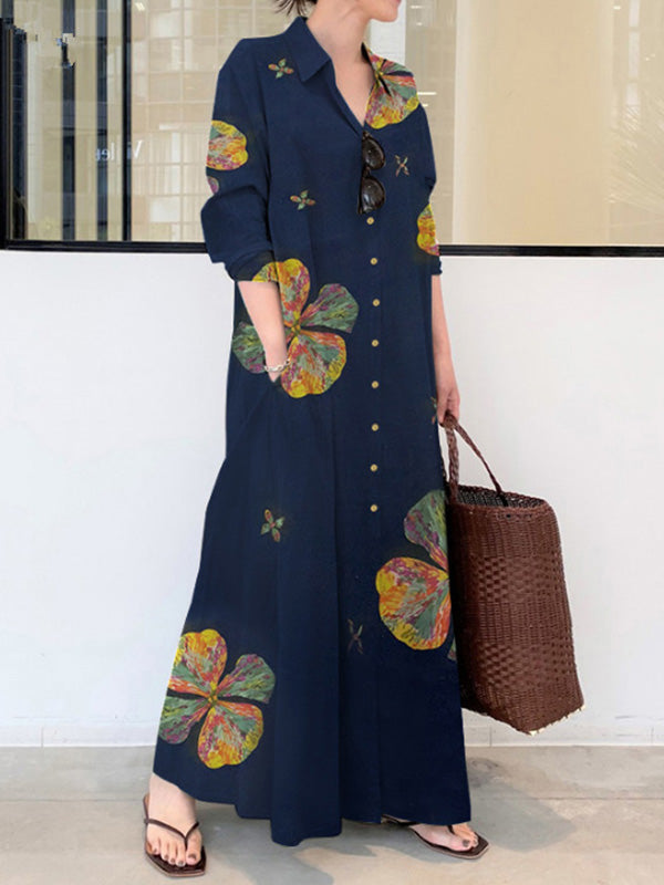 Vintage Floral Printed Lapel Oversize Maxi Dress