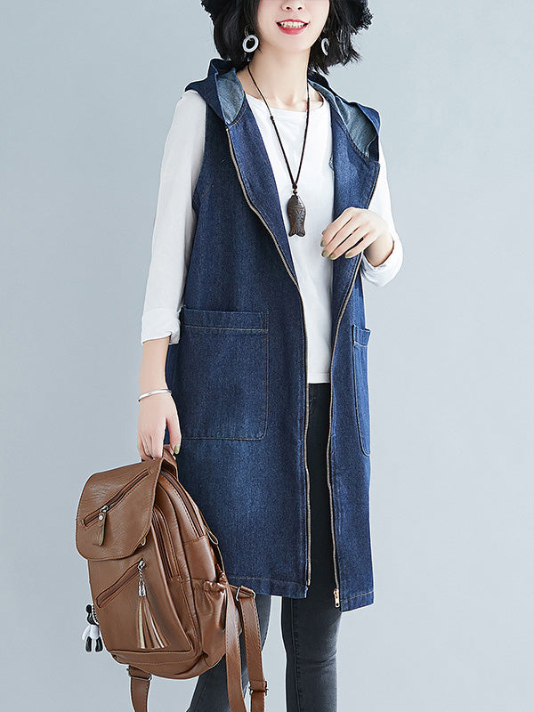 Casual Zipper Sleeveless Denim Vest Hooded Outerwear