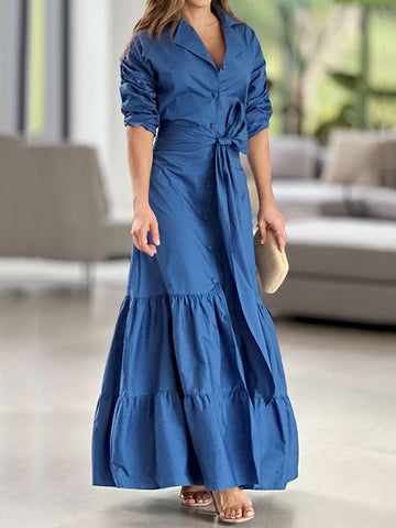 Belted Solid Color Half Sleeves Lapel Collar Shirt Dress Maxi Dresses