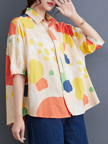 Contrast Color Polka-Dot High-Low Loose Lapel Blouses