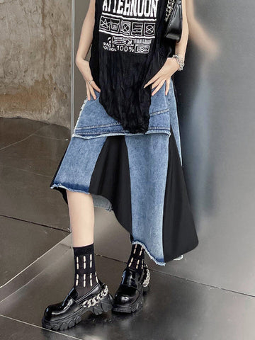 Asymmetric Contrast Color Fringed Pleated Split-Joint Skirts