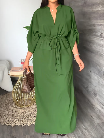 Drawstring Solid Color Split-side Loose V-neck Maxi Dresses