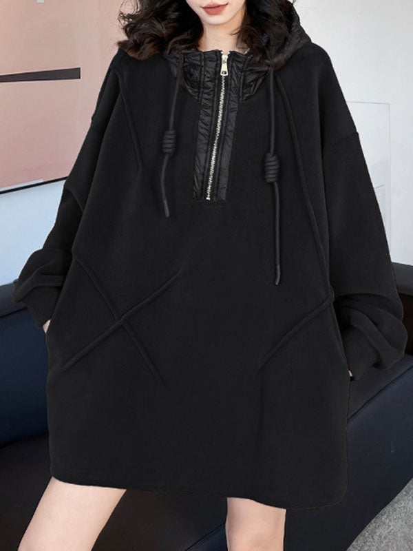 Buttoned Drawstring Split-Joint Velvet Hooded Long Sleeves Hoodies Tops