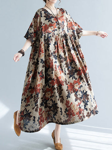 Floral Printed Loose Puff Sleeves Round-Neck Midi Dresses