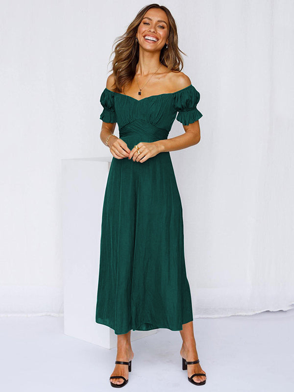 13 Colors Puff Sleeves Solid Color Cold Shoulder Wide Leg Jumpsuits