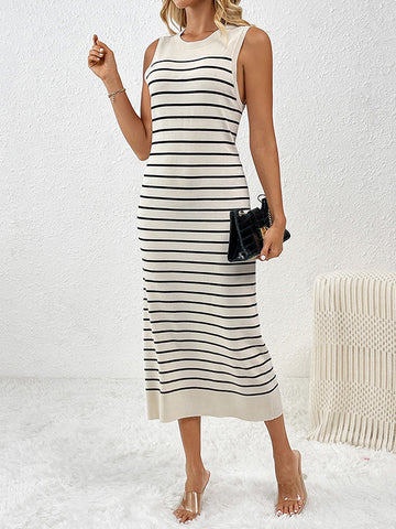 Striped Relaxed Fit Sleeveless Round-Neck Midi Dresses Knit Dresses