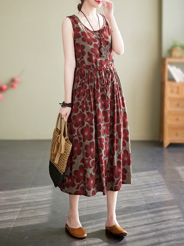 Drawstring Floral Printed Loose Oversize Round-neck Midi Dresses