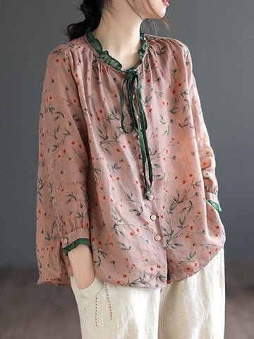 Floral Printed Lace-Up Long Sleeves Loose Round-Neck Blouses&Shirts Tops