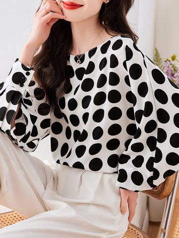 Polka-Dot Long Sleeves Loose Round-Neck Blouses&Shirts Tops