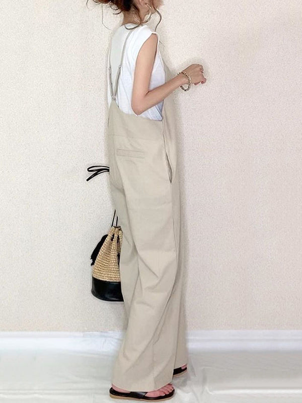 Solid Color Split-Joint Loose Sleeveless Spaghetti-Neck Overalls