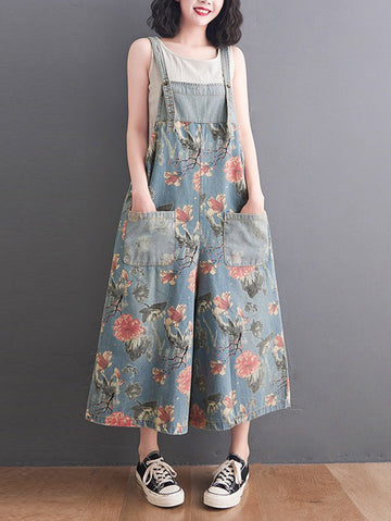 Buttoned Floral Printed Split-Joint Loose Oversize Overalls Ninth Pants