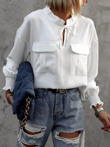 Hollow Lace-Up Pleated Solid Color Split-Joint Long Sleeves Loose V-Neck Blouses