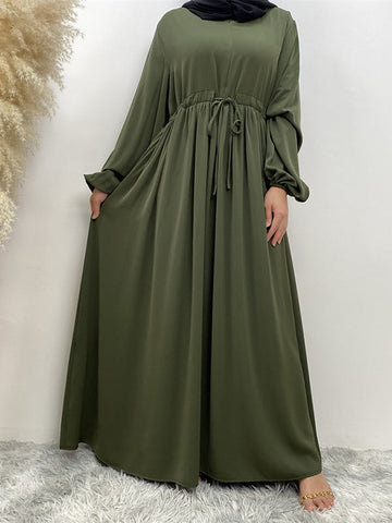 Drawstring Elasticity Muslim Pleated Solid Color Zipper Long Sleeves Loose Round-Neck Maxi Dresses