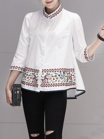 Buttoned Embroidered Loose Three-Quarter Sleeves Stand Collar Blouses&Shirts Tops