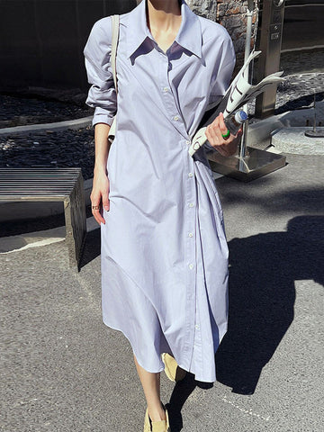 Asymmetric Solid Color Long Sleeves Loose Lapel Shirt Dress