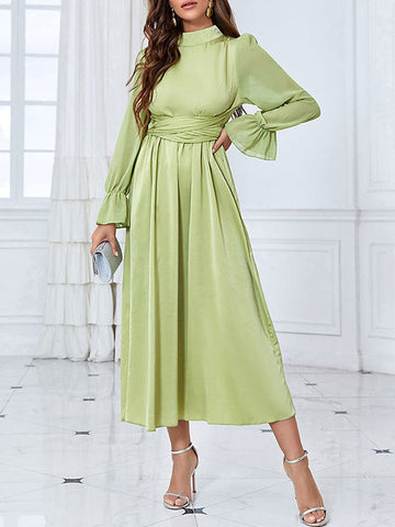 Flared Sleeves Wrap Belted Pleated Solid Color Stand Collar Midi Dresses