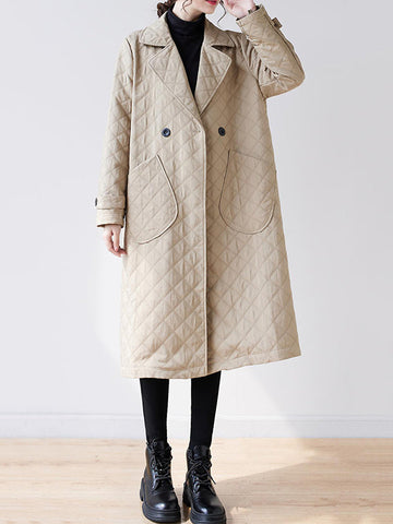 Buttoned Pockets Quilted Long Sleeves Loose Notched Collar Padded Coat