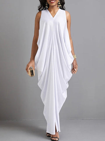 Loose Sleeveless Pleated Solid Color V-Neck Maxi Dresses