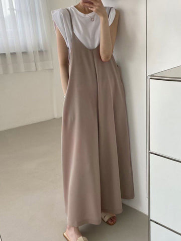 Solid Color Wide Leg Spaghetti-Neck Overalls