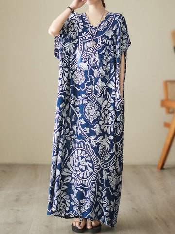 Printed Loose Short Sleeves V-Neck Maxi Dresses